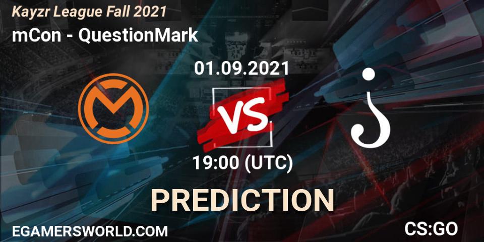 mCon vs QuestionMark: Betting TIp, Match Prediction. 01.09.2021 at 19:00. Counter-Strike (CS2), Kayzr League Fall 2021