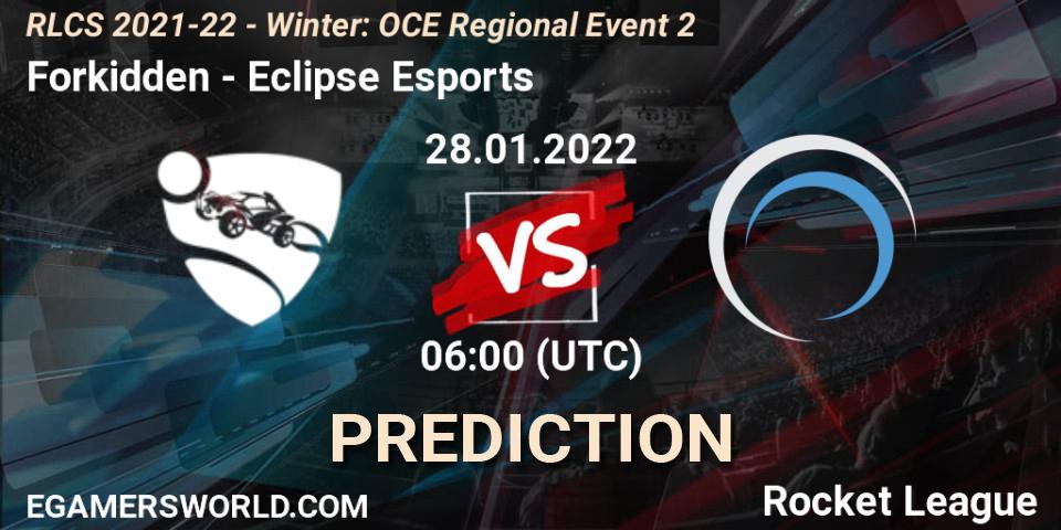 Forkidden vs Eclipse Esports: Betting TIp, Match Prediction. 28.01.2022 at 06:00. Rocket League, RLCS 2021-22 - Winter: OCE Regional Event 2