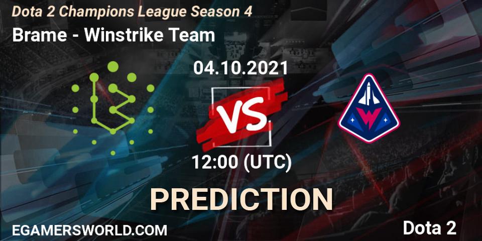 Brame vs Winstrike Team: Betting TIp, Match Prediction. 04.10.2021 at 12:18. Dota 2, Dota 2 Champions League Season 4