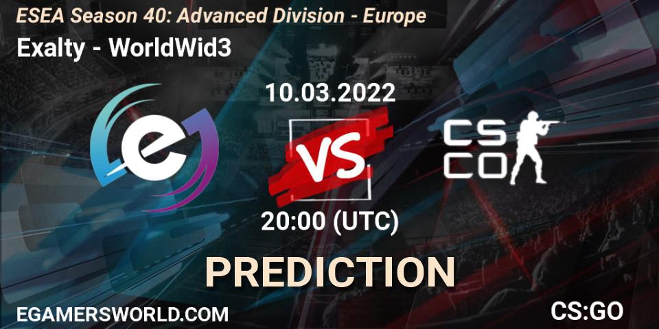 Exalty vs WorldWid3: Betting TIp, Match Prediction. 10.03.2022 at 20:00. Counter-Strike (CS2), ESEA Season 40: Advanced Division - Europe