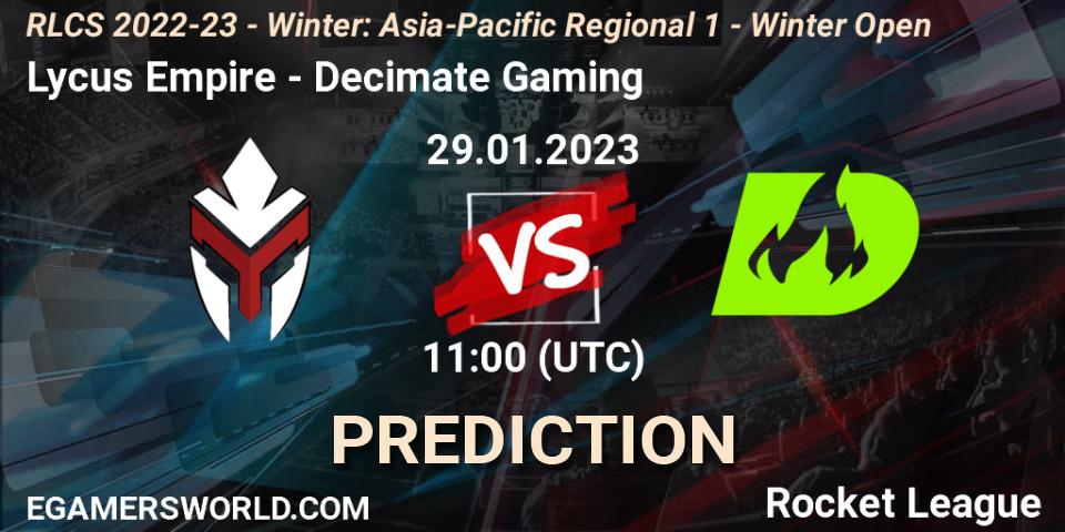 Lycus Empire vs Decimate Gaming: Betting TIp, Match Prediction. 29.01.2023 at 11:00. Rocket League, RLCS 2022-23 - Winter: Asia-Pacific Regional 1 - Winter Open