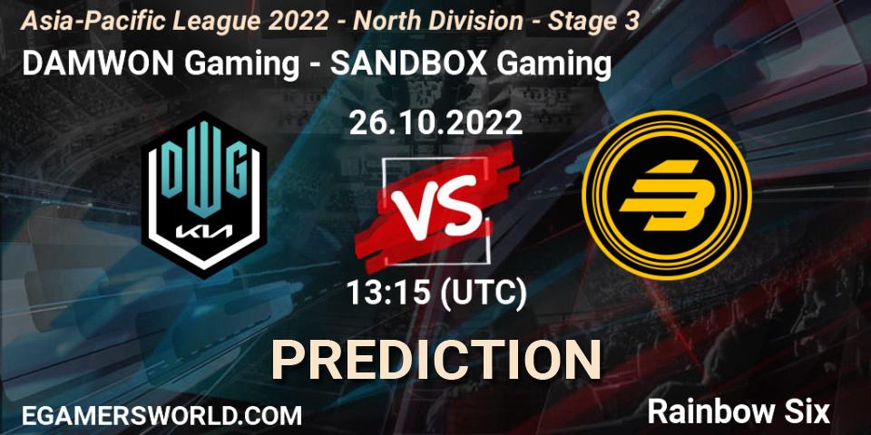 DAMWON Gaming vs SANDBOX Gaming: Betting TIp, Match Prediction. 26.10.2022 at 13:15. Rainbow Six, Asia-Pacific League 2022 - North Division - Stage 3