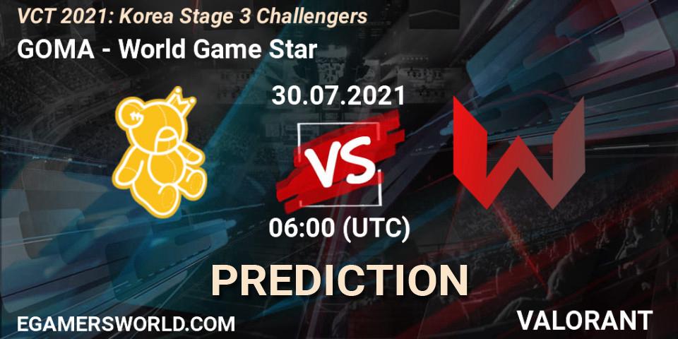 GOMA vs World Game Star: Betting TIp, Match Prediction. 30.07.2021 at 06:00. VALORANT, VCT 2021: Korea Stage 3 Challengers