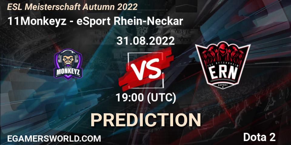 11Monkeyz vs eSport Rhein-Neckar: Betting TIp, Match Prediction. 31.08.2022 at 19:00. Dota 2, ESL Meisterschaft Autumn 2022