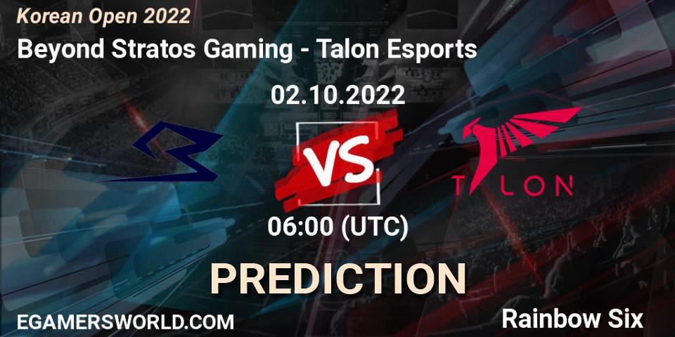 Beyond Stratos Gaming vs Talon Esports: Betting TIp, Match Prediction. 02.10.2022 at 06:00. Rainbow Six, Korean Open 2022