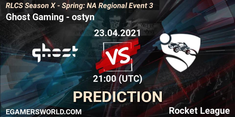 Ghost Gaming vs ostyn: Betting TIp, Match Prediction. 23.04.2021 at 20:40. Rocket League, RLCS Season X - Spring: NA Regional Event 3