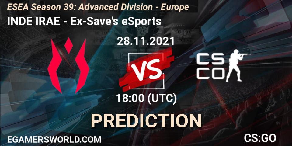 INDE IRAE vs Ex-Save's eSports: Betting TIp, Match Prediction. 28.11.2021 at 18:00. Counter-Strike (CS2), ESEA Season 39: Advanced Division - Europe