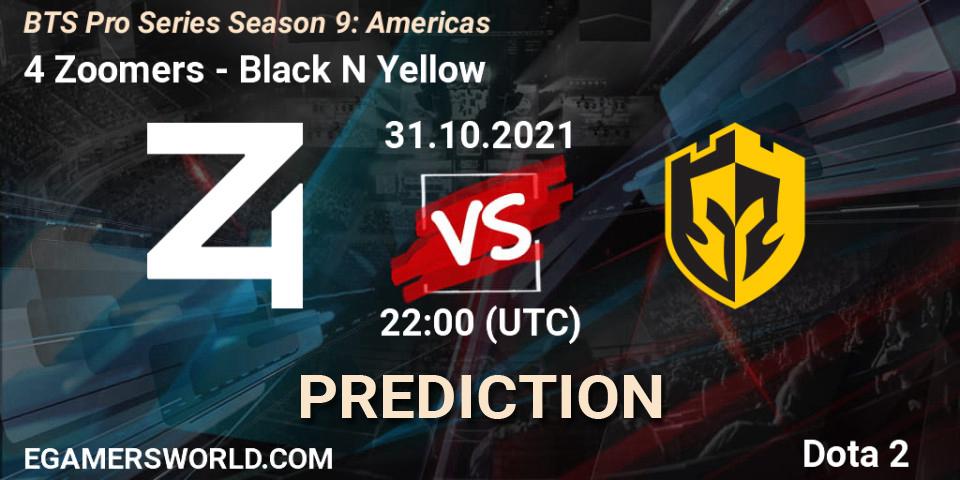 4 Zoomers vs Black N Yellow: Betting TIp, Match Prediction. 01.11.2021 at 02:26. Dota 2, BTS Pro Series Season 9: Americas