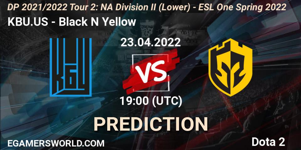 KBU.US vs Black N Yellow: Betting TIp, Match Prediction. 23.04.2022 at 18:55. Dota 2, DP 2021/2022 Tour 2: NA Division II (Lower) - ESL One Spring 2022