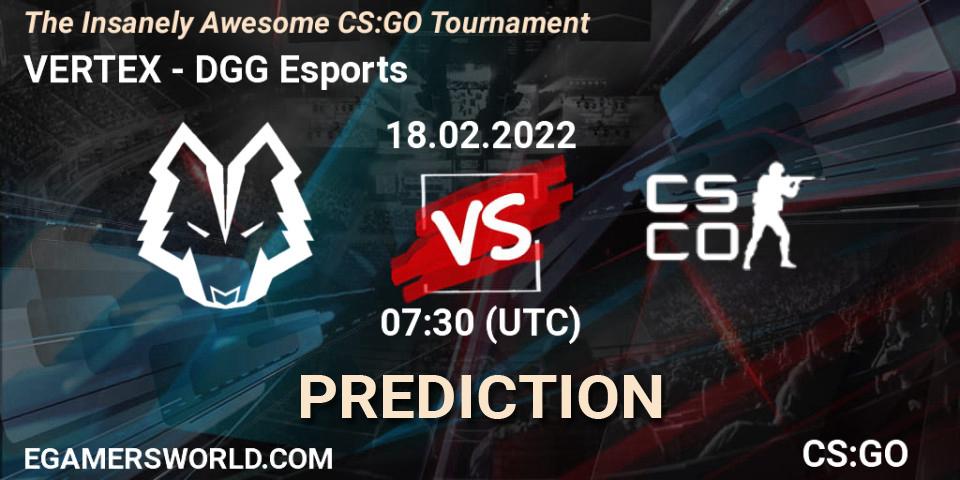VERTEX vs DGG Esports: Betting TIp, Match Prediction. 18.02.2022 at 07:30. Counter-Strike (CS2), The Insanely Awesome CS:GO Tournament