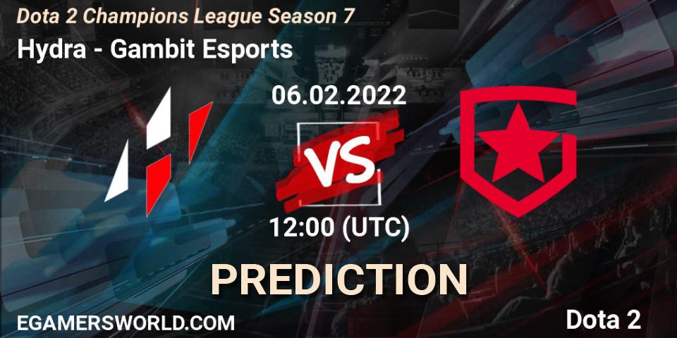 Hydra vs Gambit Esports: Betting TIp, Match Prediction. 06.02.2022 at 12:02. Dota 2, Dota 2 Champions League 2022 Season 7