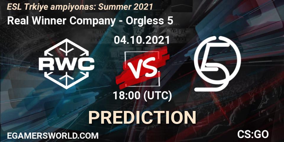 Real Winner Company vs Orgless 5: Betting TIp, Match Prediction. 04.10.2021 at 18:00. Counter-Strike (CS2), ESL Türkiye Şampiyonası: Summer 2021
