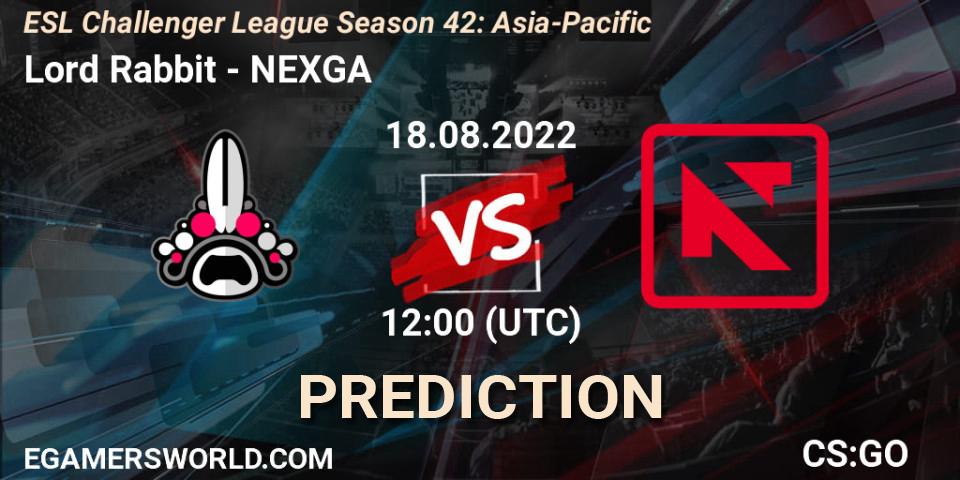 Lord Rabbit vs NEXGA: Betting TIp, Match Prediction. 18.08.2022 at 12:00. Counter-Strike (CS2), ESL Challenger League Season 42: Asia-Pacific
