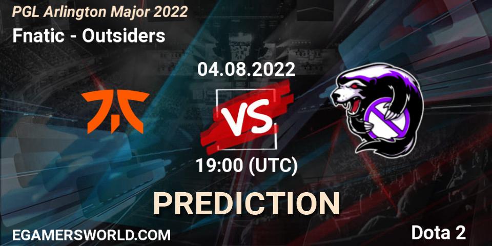 Fnatic vs Outsiders: Betting TIp, Match Prediction. 04.08.2022 at 19:37. Dota 2, PGL Arlington Major 2022 - Group Stage