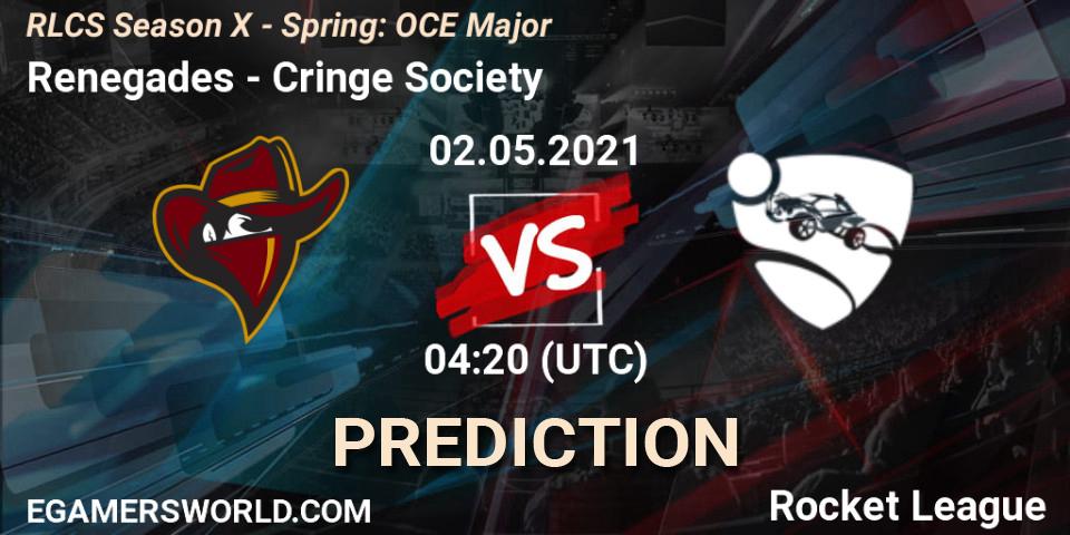 Renegades vs Cringe Society: Betting TIp, Match Prediction. 02.05.2021 at 04:00. Rocket League, RLCS Season X - Spring: OCE Major
