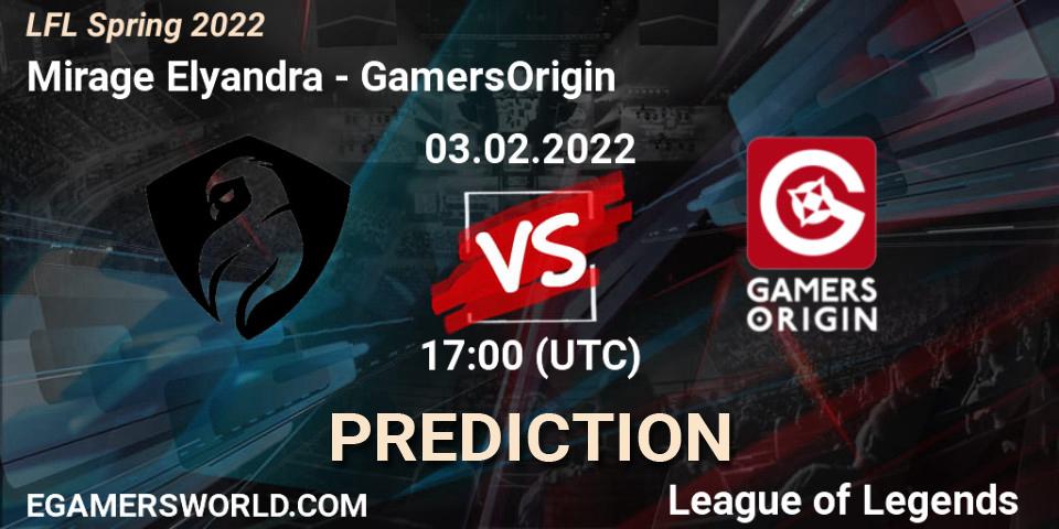 Mirage Elyandra vs GamersOrigin: Betting TIp, Match Prediction. 03.02.2022 at 17:00. LoL, LFL Spring 2022