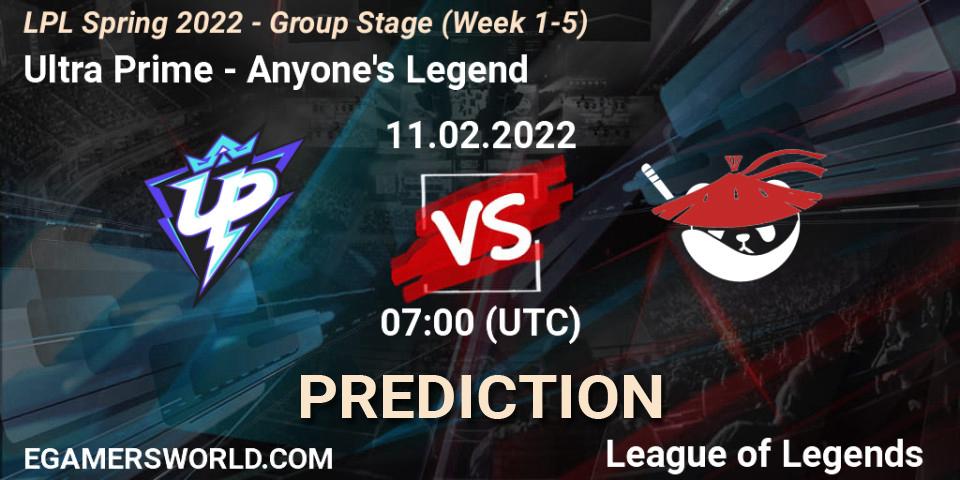 Ultra Prime vs Anyone's Legend: Betting TIp, Match Prediction. 11.02.2022 at 07:00. LoL, LPL Spring 2022 - Group Stage (Week 1-5)