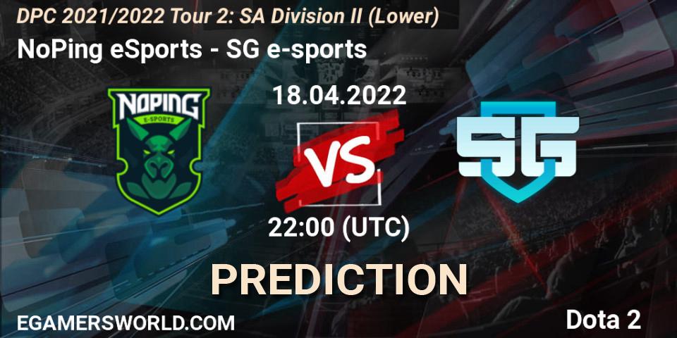 NoPing eSports vs SG e-sports: Betting TIp, Match Prediction. 18.04.22. Dota 2, DPC 2021/2022 Tour 2: SA Division II (Lower)