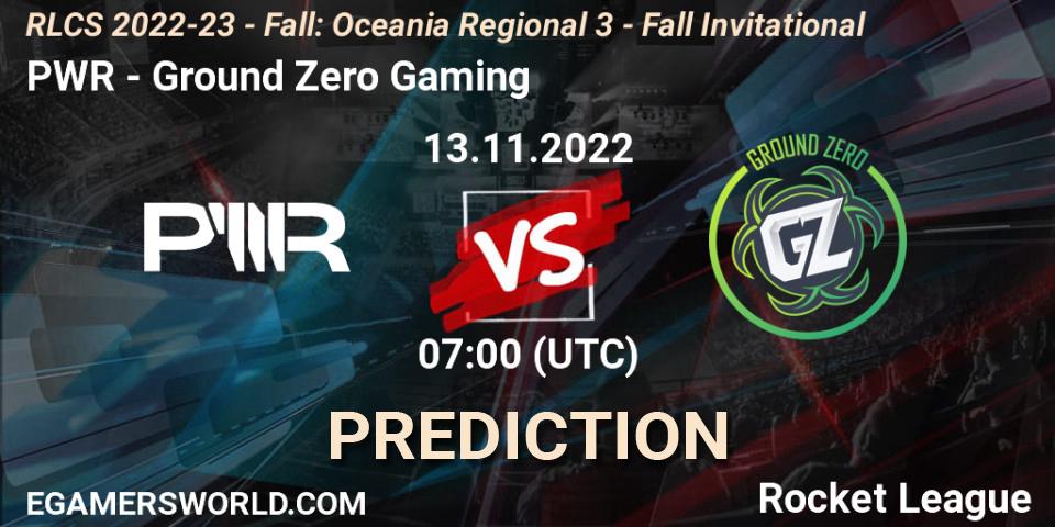 PWR vs Ground Zero Gaming: Betting TIp, Match Prediction. 13.11.2022 at 07:00. Rocket League, RLCS 2022-23 - Fall: Oceania Regional 3 - Fall Invitational