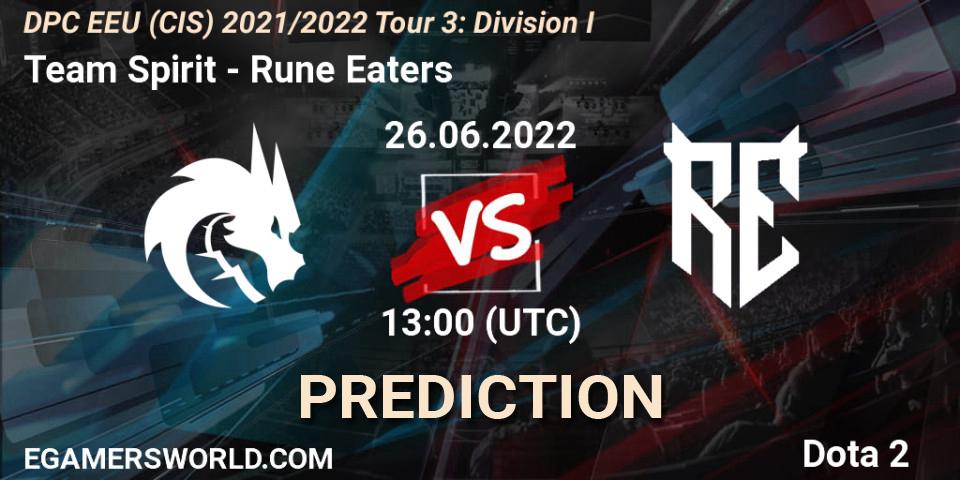 Team Spirit vs Rune Eaters: Betting TIp, Match Prediction. 26.06.2022 at 13:01. Dota 2, DPC EEU (CIS) 2021/2022 Tour 3: Division I