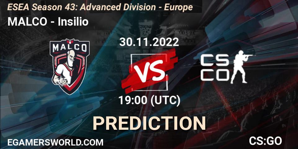 MALCO vs Insilio: Betting TIp, Match Prediction. 30.11.22. CS2 (CS:GO), ESEA Season 43: Advanced Division - Europe