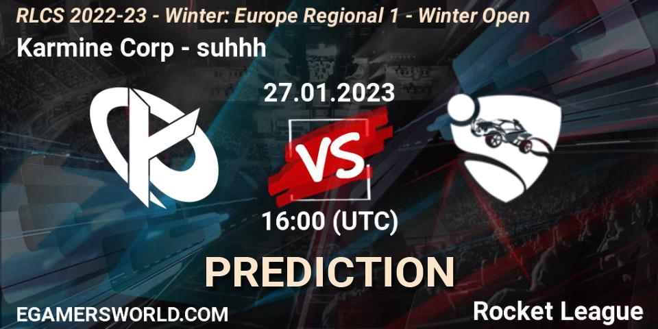 Karmine Corp vs suhhh: Betting TIp, Match Prediction. 27.01.2023 at 16:00. Rocket League, RLCS 2022-23 - Winter: Europe Regional 1 - Winter Open