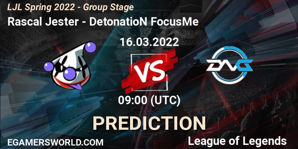 Rascal Jester vs DetonatioN FocusMe: Betting TIp, Match Prediction. 16.03.2022 at 09:00. LoL, LJL Spring 2022 - Group Stage