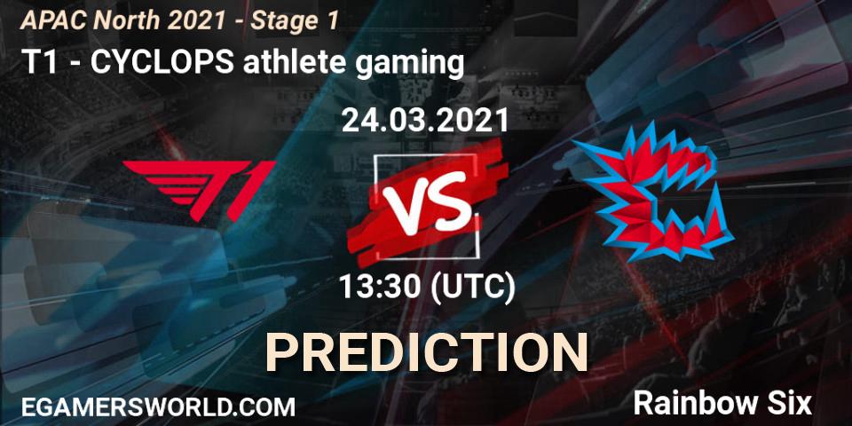 T1 vs CYCLOPS athlete gaming: Betting TIp, Match Prediction. 24.03.2021 at 13:30. Rainbow Six, APAC North 2021 - Stage 1