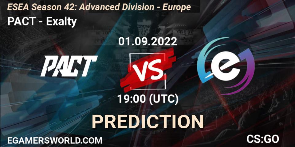 PACT vs Exalty: Betting TIp, Match Prediction. 01.09.2022 at 19:00. Counter-Strike (CS2), ESEA Season 42: Advanced Division - Europe