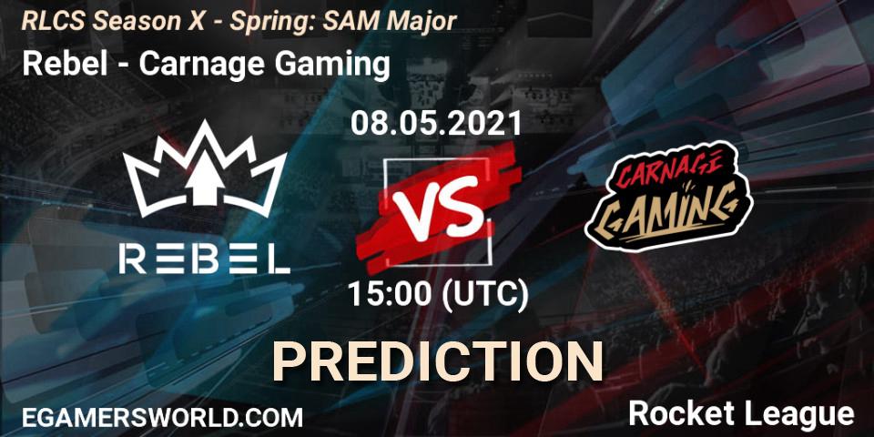 Rebel vs Carnage Gaming: Betting TIp, Match Prediction. 08.05.2021 at 15:00. Rocket League, RLCS Season X - Spring: SAM Major