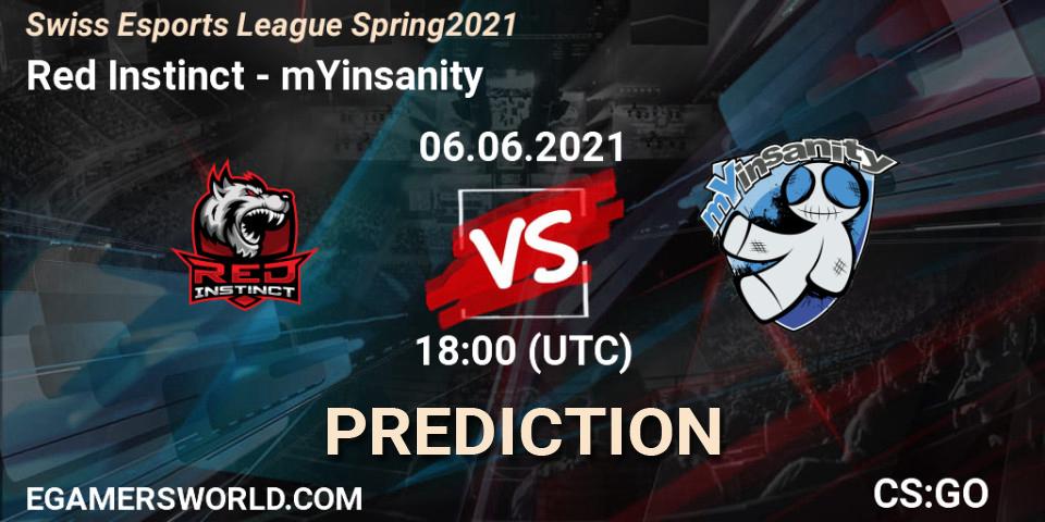 Red Instinct vs mYinsanity: Betting TIp, Match Prediction. 06.06.2021 at 18:00. Counter-Strike (CS2), Swiss Esports League Spring 2021