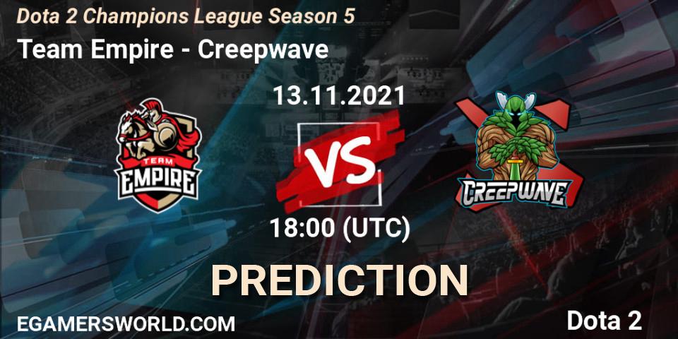 Team Empire vs Creepwave: Betting TIp, Match Prediction. 13.11.2021 at 19:16. Dota 2, Dota 2 Champions League 2021 Season 5