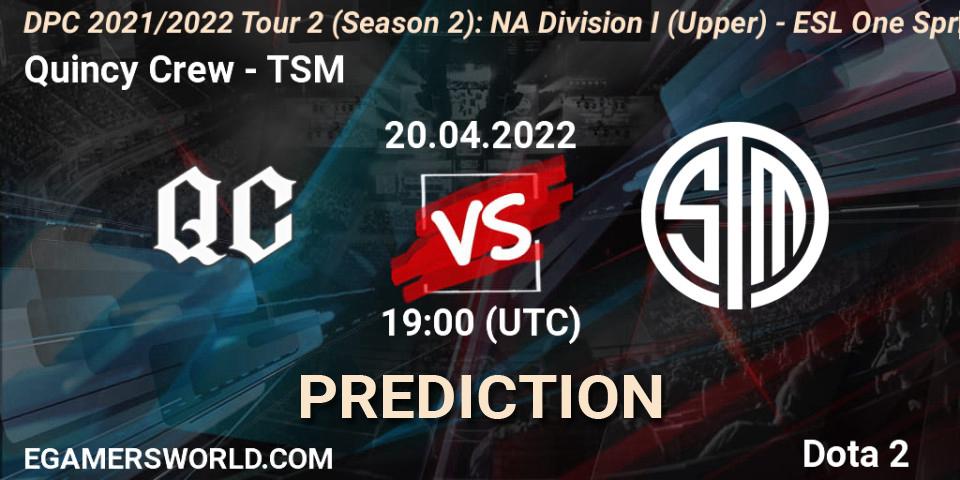 Quincy Crew vs TSM: Betting TIp, Match Prediction. 20.04.2022 at 18:55. Dota 2, DPC 2021/2022 Tour 2 (Season 2): NA Division I (Upper) - ESL One Spring 2022