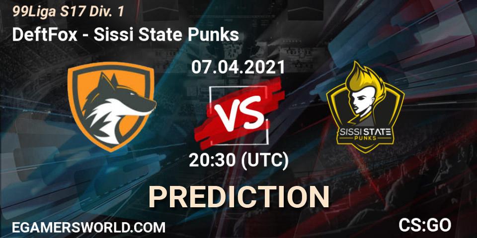 DeftFox vs Sissi State Punks: Betting TIp, Match Prediction. 07.04.2021 at 19:30. Counter-Strike (CS2), 99Liga S17 Div. 1