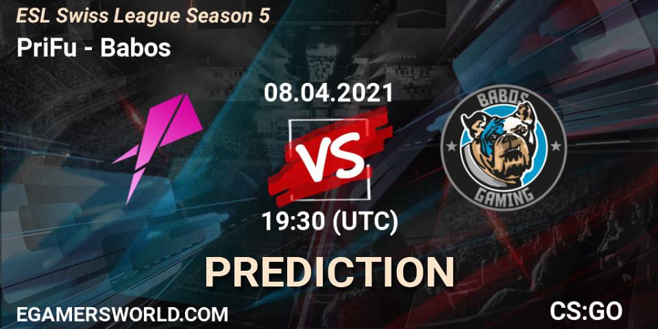 PriFu vs Babos: Betting TIp, Match Prediction. 08.04.2021 at 19:30. Counter-Strike (CS2), ESL Swiss League Season 5