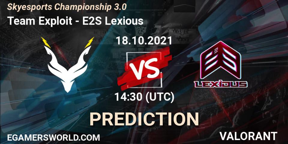 Team Exploit vs E2S Lexious: Betting TIp, Match Prediction. 18.10.2021 at 14:30. VALORANT, Skyesports Championship 3.0