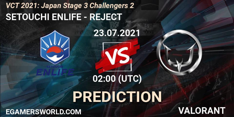 SETOUCHI ENLIFE vs REJECT: Betting TIp, Match Prediction. 23.07.2021 at 02:00. VALORANT, VCT 2021: Japan Stage 3 Challengers 2