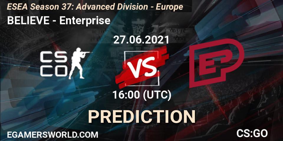 BELIEVE vs Enterprise: Betting TIp, Match Prediction. 27.06.2021 at 16:00. Counter-Strike (CS2), ESEA Season 37: Advanced Division - Europe