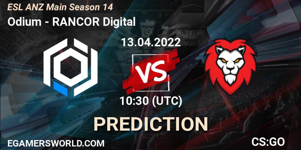 Odium vs RANCOR Digital: Betting TIp, Match Prediction. 13.04.2022 at 10:30. Counter-Strike (CS2), ESL ANZ Main Season 14