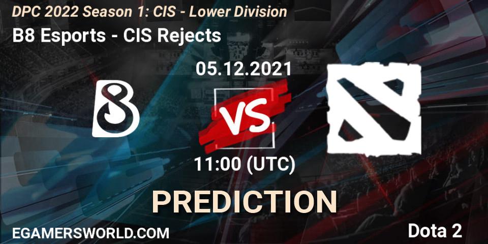 B8 Esports vs CIS Rejects: Betting TIp, Match Prediction. 05.12.2021 at 11:01. Dota 2, DPC 2022 Season 1: CIS - Lower Division