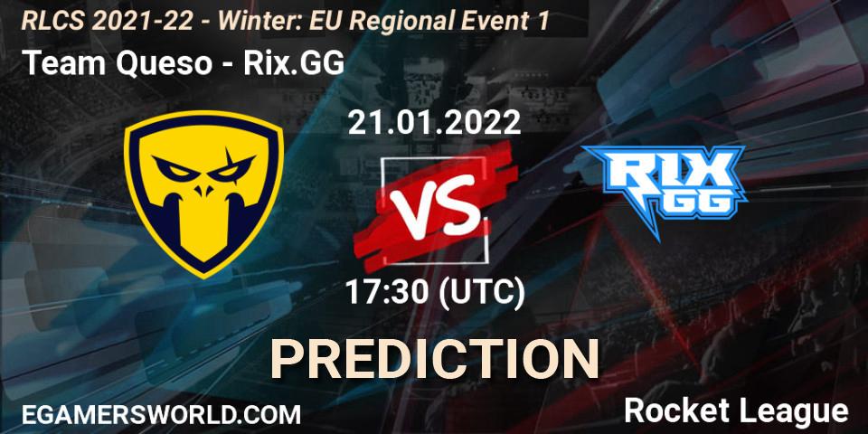 Team Queso vs Rix.GG: Betting TIp, Match Prediction. 21.01.2022 at 17:30. Rocket League, RLCS 2021-22 - Winter: EU Regional Event 1