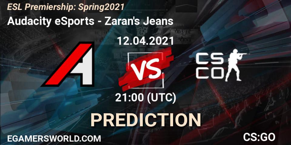 Audacity eSports vs Zaran's Jeans: Betting TIp, Match Prediction. 12.04.2021 at 21:15. Counter-Strike (CS2), ESL Premiership: Spring 2021