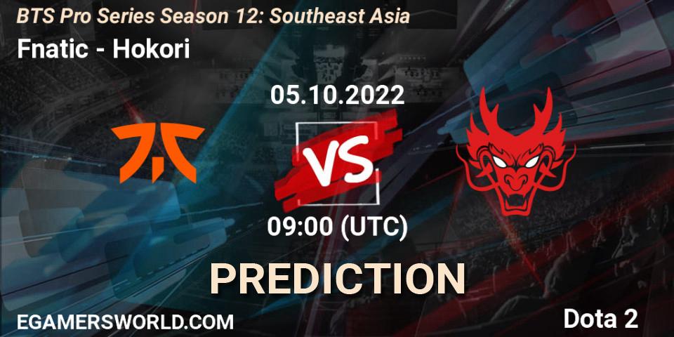 Fnatic vs Hokori: Betting TIp, Match Prediction. 05.10.2022 at 09:01. Dota 2, BTS Pro Series Season 12: Southeast Asia