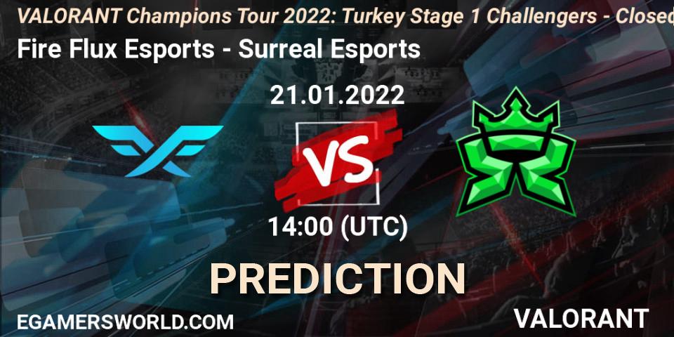 Fire Flux Esports vs Surreal Esports: Betting TIp, Match Prediction. 21.01.2022 at 14:00. VALORANT, VCT 2022: Turkey Stage 1 Challengers - Closed Qualifier 2