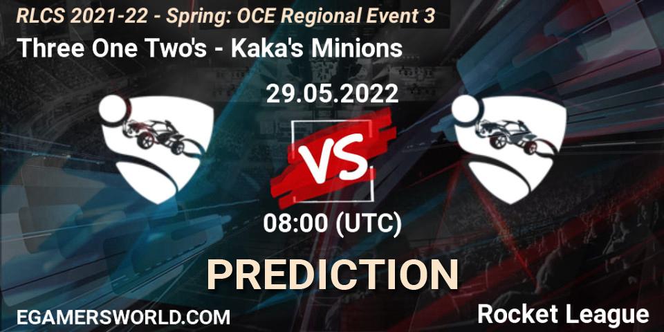 Three One Two's vs Kaka's Minions: Betting TIp, Match Prediction. 29.05.2022 at 08:00. Rocket League, RLCS 2021-22 - Spring: OCE Regional Event 3