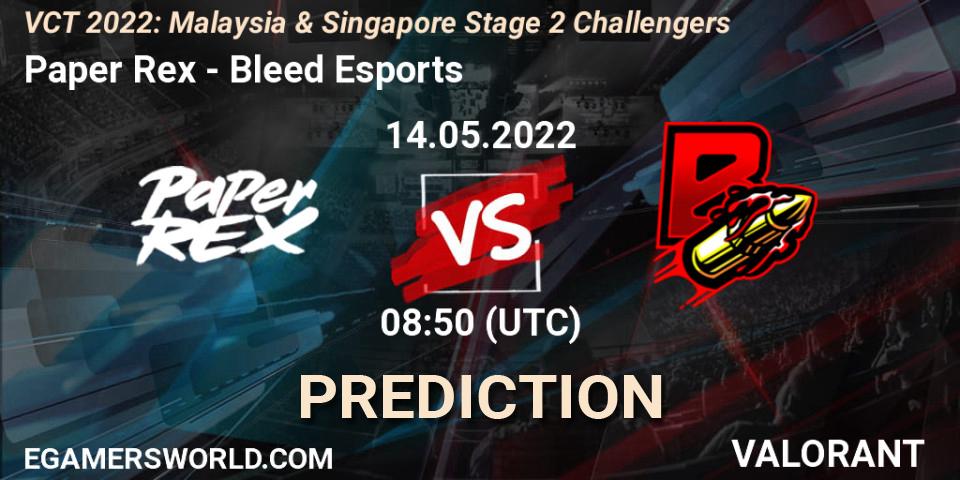 Paper Rex vs Bleed Esports: Betting TIp, Match Prediction. 14.05.2022 at 08:50. VALORANT, VCT 2022: Malaysia & Singapore Stage 2 Challengers