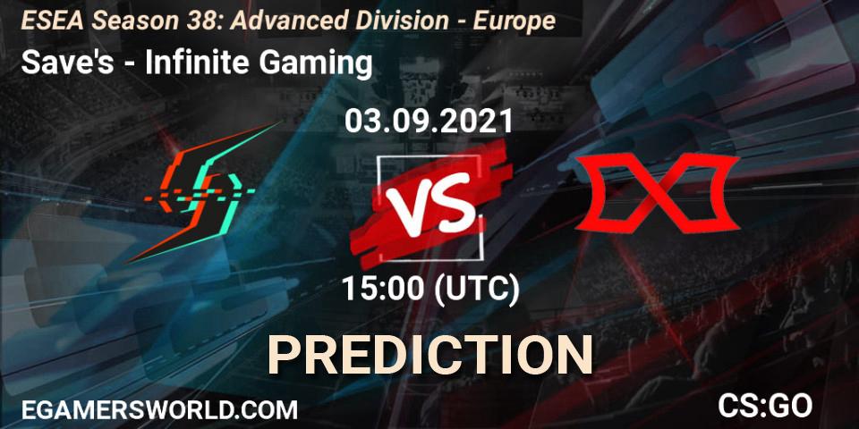 Save's vs Infinite Gaming: Betting TIp, Match Prediction. 03.09.2021 at 15:00. Counter-Strike (CS2), ESEA Season 38: Advanced Division - Europe