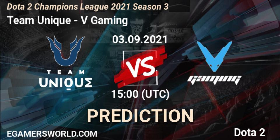 Team Unique vs V Gaming: Betting TIp, Match Prediction. 03.09.2021 at 15:00. Dota 2, Dota 2 Champions League 2021 Season 3
