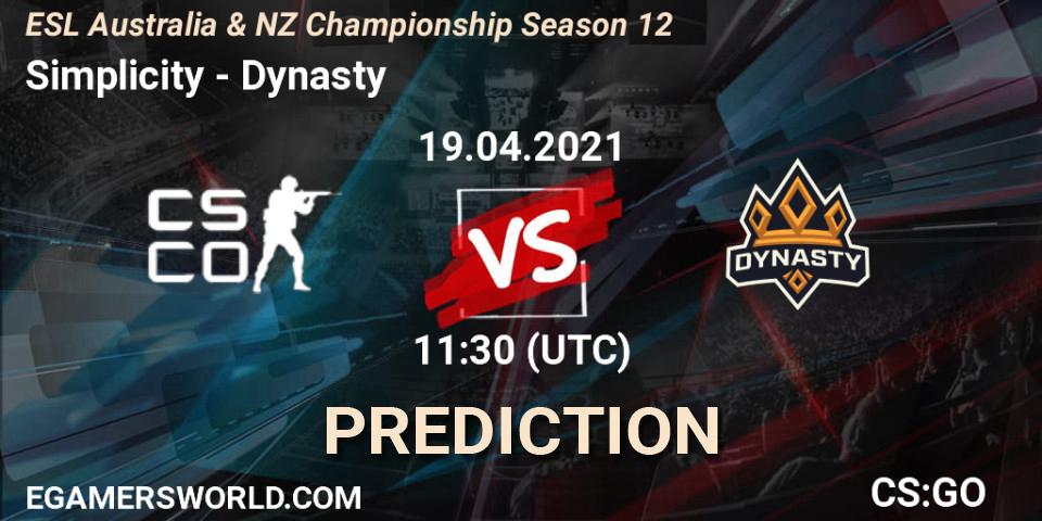 Simplicity vs Dynasty: Betting TIp, Match Prediction. 19.04.2021 at 10:35. Counter-Strike (CS2), ESL Australia & NZ Championship Season 12