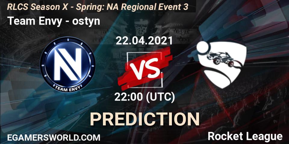 Team Envy vs ostyn: Betting TIp, Match Prediction. 22.04.2021 at 22:00. Rocket League, RLCS Season X - Spring: NA Regional Event 3